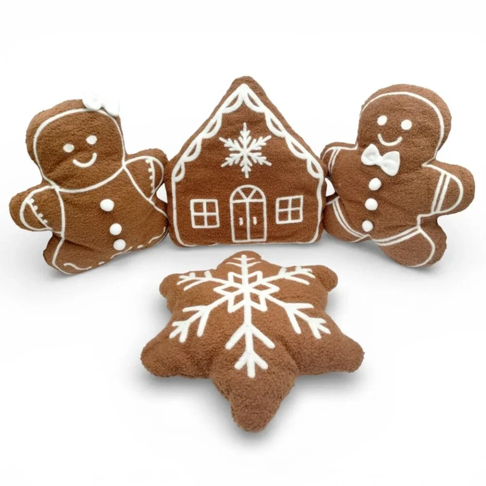 Set of 4 Christmas Gingerbread Cookie Boy Girl House & Snowflake Plush Pillows